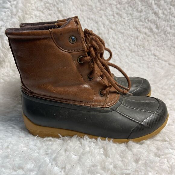 Kids Sperry two tone Duck lace up boots Brown faux leather and black rubber SZ2M - Picture 1 of 9